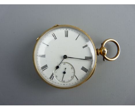 AN EIGHTEEN CARAT CONTINENTAL GOLD CASED OPEN FACED POCKET WATCH, the white enamel dial set with Roman numerals and Arabic su