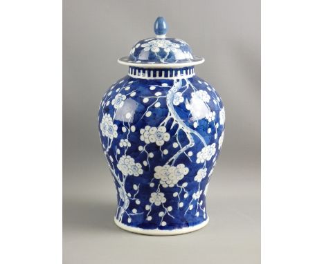 A 19th CENTURY CHINESE PRUNUS DECORATED JAR & COVER, 33 cms high, underglazed blue, six character Kangxi mark to base