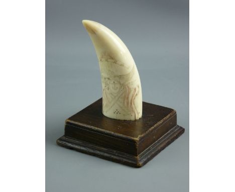 A 19th CENTURY SCRIMSHAW TOOTH mounted upon an oak base, the front decorated with an arch of stars with the sun over, an Amer
