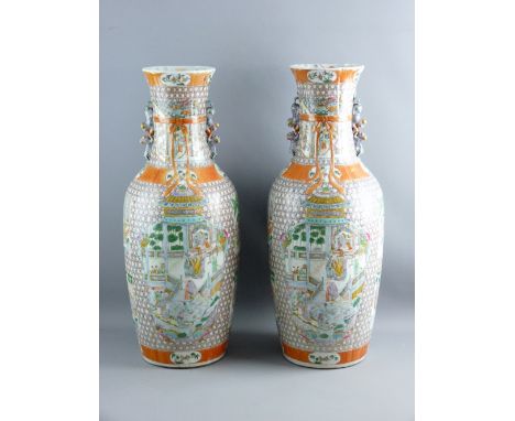 A LARGE PAIR OF 19th CENTURY CHINESE PORCELAIN VASES with profuse Famille Vert decoration and panels of interior and garden s