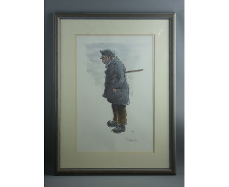 SIR KYFFIN WILLIAMS RA coloured print - standing farmer with stick, signed in full, 53 x 35 cms
