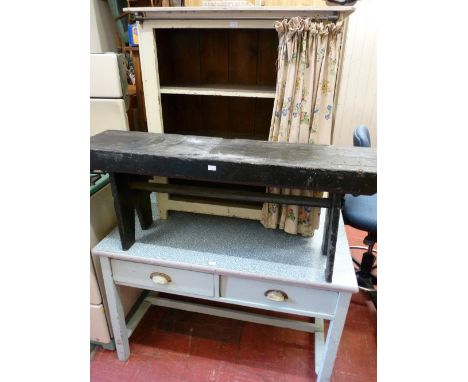 THREE ITEMS OF VINTAGE PAINTED FURNITURE including a formica top two drawer kitchen table with cross stretcher, a three shelf