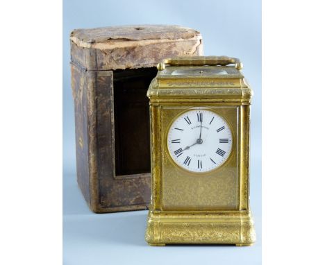 A 19th CENTURY FRENCH GRANDE SONNERIE GIANT CARRIAGE CLOCK, the gilt brass gorge case with concave corner pillars and chased 