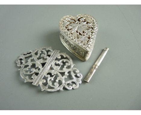 A HALLMARKED SILVER NURSE'S BUCKLE & TOOTHPICK with a white metal trinket box, London 1979 the buckle, 28 grms weighable