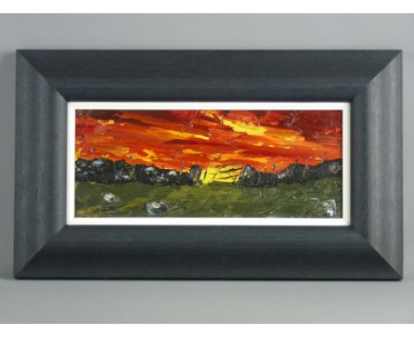 WYN HUGHES acrylic on board - old farm field gate and a fierce sunset, signed with initials, 13.5 x 32.5 cms