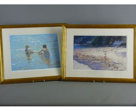 STEVEN JONES coloured limited edition (10/500) print - two seated children in sea water, signed, 32 x 41 cms and STEVEN JONES