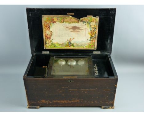 A SWISS SIMULATED ROSEWOOD CYLINDER MUSIC BOX, playing eight airs on three bells, lever wind on a 6.25 ins cylinder and singl