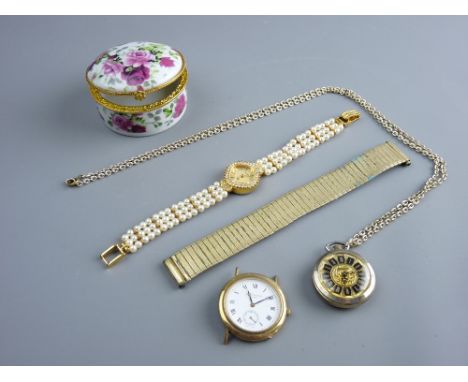 A PARCEL OF THREE DRESS WATCHES, one contained in a porcelain and yellow metal patch box