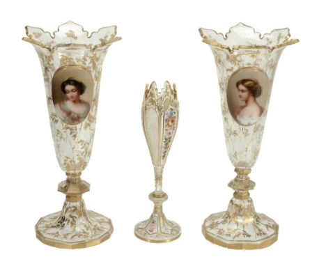 A pair of Bohemian clear-glass and gilt portrait trumpet vases  A pair of Bohemian clear-glass and gilt portrait trumpet vase