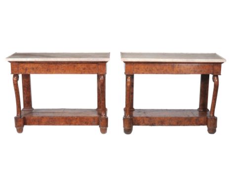 A pair of Louis Philippe burr elm and marble mounted console tables  A pair of Louis Philippe burr elm and marble mounted con