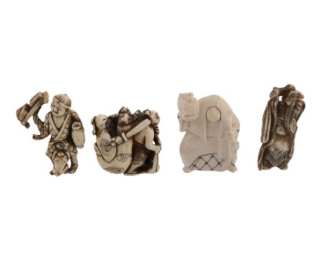 A Walrus Ivory Netsuke of an oni carrying a large sack in which is hidden Shoki  A Walrus Ivory Netsuke   of an oni carrying 