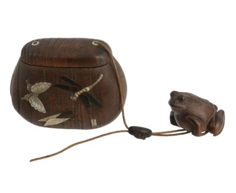 A Wood Tonkotsu of rounded form with flat cover, the body inlaid in rosewood  A Wood Tonkotsu   of rounded form with flat cov