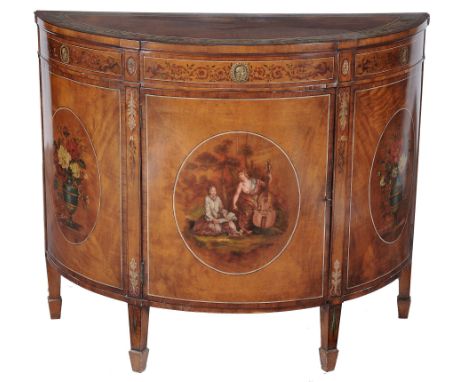 A Sheraton Revival satinwood and cross-banded mahogany demi-lune commode...  A Sheraton Revival satinwood and cross-banded ma