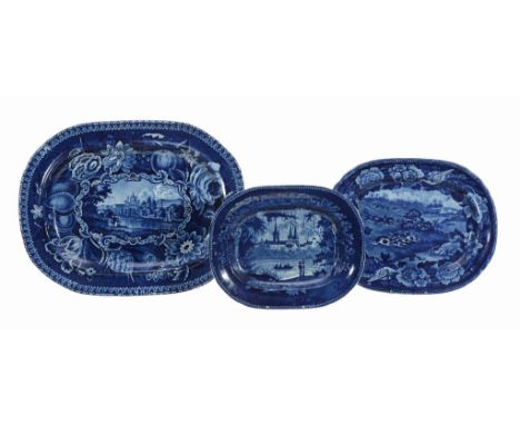 Three various Staffordshire dark-blue and white printed pottery meat dishes  Three various Staffordshire dark-blue and white 