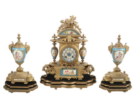 A French gilt metal and Sevres style porcelain mantel clock garniture, unsigned  A French gilt metal and Sevres style porcela