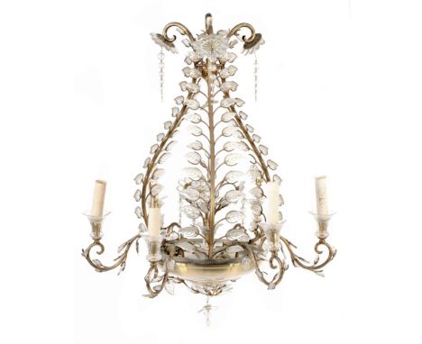 A pair of Continental gilt metal and cut glass mounted six light chandeliers  A pair of Continental gilt metal and cut glass 