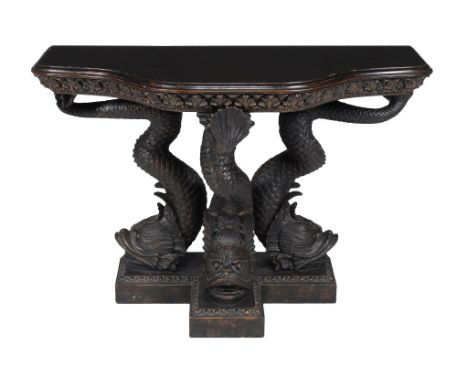 A walnut console table in Regency style, 20th century  A walnut console table in Regency style,   20th century, with a serpen