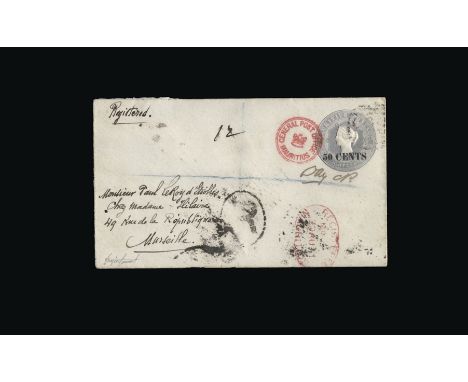 Mauritius : 1891 Postal Stationery envelope surcharged 50c. on 1878 8c. Pale grey (H & G milky blue) hexagonal frame type aro