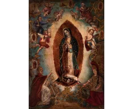 PEDRO LÓPEZ CALDERÓN (Mexico, first half of the 18th century)"Virgin of Guadalupe".Oil on canvas. Re-coloured.It has repainti