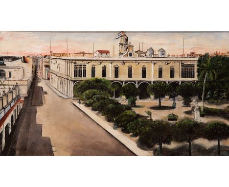 Cuban school; late 19th century."City View".Oil on canvas.It conserves its period frame.Measurements: 45,5 x 81 cm; 55 x 90 c