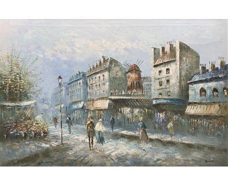 French School (20th century): Impressionist Street Scene with Moulin Rouge, oil on canvas signed 'Burnett' 60cm x 80cm