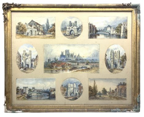 M A K (British 19th century): York's Finest Landmarks, collection nine watercolours framed as one, each signed and dated '73,