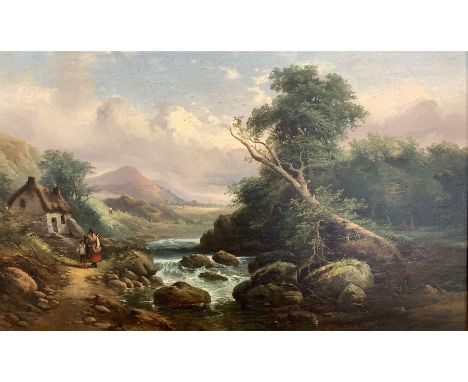 R B David (British 19th century): Figures in a River Landscape, oil canvas signed 39cm x 75cm