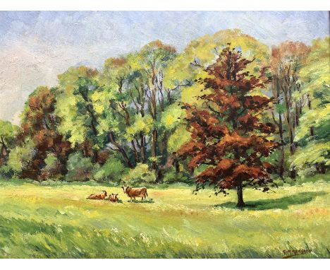 G R Radford (British 20th century): Meadow with Cows Resting, oil on board signed 36cm x 47cm