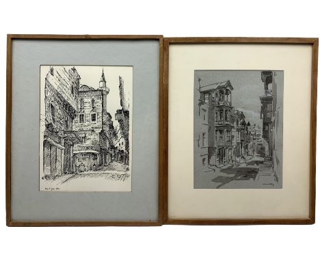 Turkish School (20th century): 'Büyük Yeni Han' and 'Arnavutköy' - Turkey, pen sketch and watercolour respectively, unsigned 