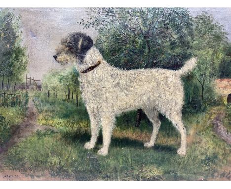 English Naïve School (early 20th century): Portrait of a Terrier in Garden, oil on canvas signed A E White and dated 1917, 43