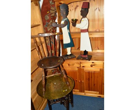 AN EARLY 20TH CENTURY OAK STICK BACK CHAIR, a circular brass topped occasional table and two figural stands (4)