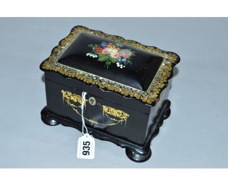 A VICTORIAN PAPER MACHE AND LACQUERED BOX, mother of pearl inlay and gilt decoration, fitted interior for three bottles, heig