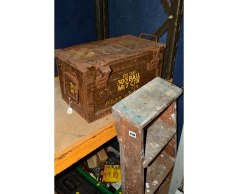 A METAL AMMO CRATE and a set of wooden step ladders (2)