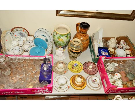 FOUR BOXES AND LOOSE CHINA AND GLASS to include Colclough and J.G.Meaking tea/dinnerwares, Bavarian teawares, Hammersley, tog
