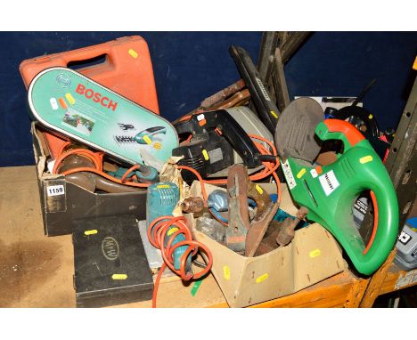 TWO TRAYS OF VARIOUS TOOLS, containing a cased Black &amp; Decker electric jigsaw, Bosch hand held hedge trimmer, Black and D