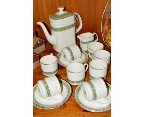 ROYAL DOULTON 'RONDELAY' COFFEE SET, H5004, comprising coffee pot, cream jug, sugar bowl, six cups and saucers (green and bla