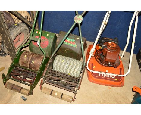 TWO SLIM VINTAGE WEBB PUSH ALONG CYLINDER LAWN MOWER, with grassbox and a petrol flymo hover lawn mower (3)