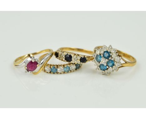 FOUR 9CT GOLD GEM SET RINGS, the first a sapphire and diamond ring, designed as three graduated sapphires interspaced by two 