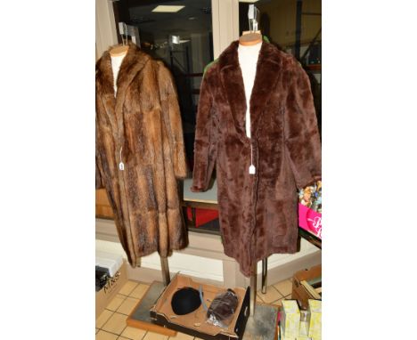 A LADIES FUR COAT, approx size 14/16, repair to the collar, together with a faux fur coat, a knitted vintage dress and two ha