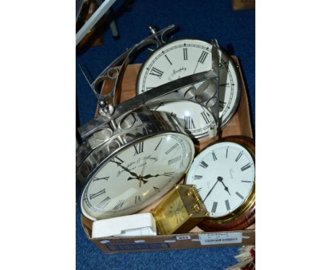 TWO FRANKLIN AND MURPHY NOVELTY DOUBLE SIDED WALL CLOCKS, a Cressey Quartz clock and a Royal carriage clock (all battery oper
