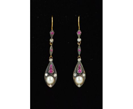 A PAIR OF RUBY, DIAMOND AND CULTURED PEARL DROP EARRINGS, each designed as a pear shape panel set with a cultured pearl, grad