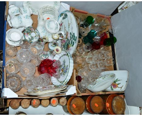 TWO BOXES AND LOOSE CERAMICS AND GLASSWARES, to include cranberry coloured claret jug, coloured and cut glasses, Paragon 'Deb