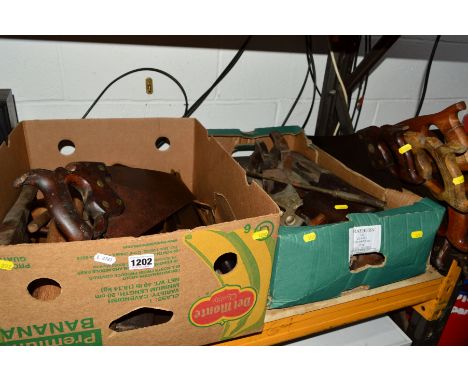TWO TRAYS OF VINTAGE CARPENTRY TOOLS, comprising of a quantity of saws, smoothing and moulding planers, etc (2)