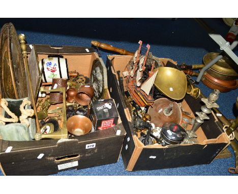 TWO BOXES AND LOOSE OF METALWARES ETC, to include pair hames, two warming pans, horse brasses, scales, door furniture, model 