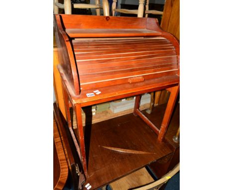 A STAINED PINE ROLL TOP DESK and a mahogany sofa table (sd) and a linen basket (3)