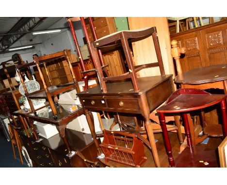 A REPRODUCTION MAHOGANY SIDE TABLE with two drawers and brushing slide, together with a mahogany coffee table, oak tea trolle