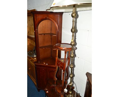 A REPRODUCTION MAHOGANY OPEN CORNER CUPBOARD (key), a mahogany wig stand and brass standard lamp with a shade (3)