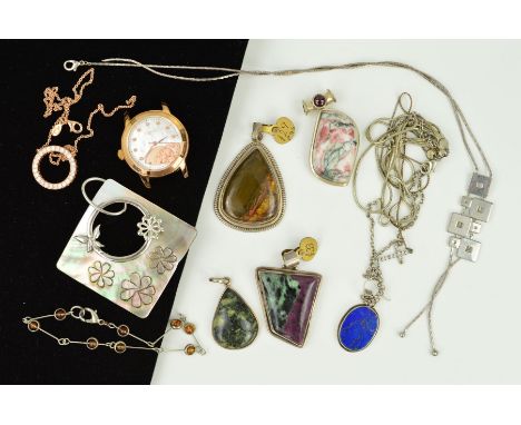 A SELECTION OF MAINLY SILVER AND WHITE METAL JEWELLERY to include a ruby in zoisite pendant, a lapis lazuli pendant, a Clogau