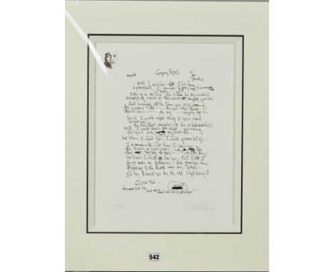 JIMI HENDRIX (AMERICAN 1942-1970) 'GYPSY EYS', a limited edition print 29/125, the lyrics to his record, facsimile signature,