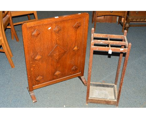 AN OAK UMBRELLA STAND with a tin tray and an oak firescreen (2)